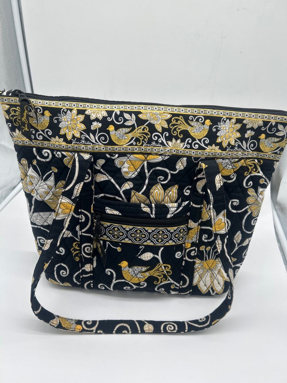 Vera Bradley Yellow Bird Retired Quilted Tote Bag Black Gold Floral Bird Print